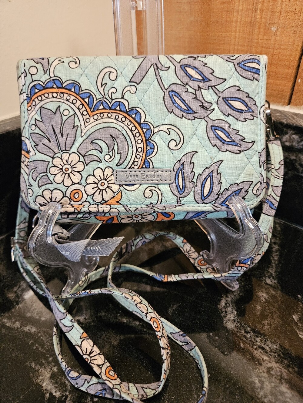 Vera Bradley RFID All in One Crossbody Wallet Fan Flowers Mint Blue Paisley